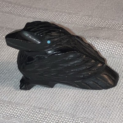 Zuni hand carved Raven Bird Fetish Jet signed Tony Mackel w Turquoise Eye 1.75''