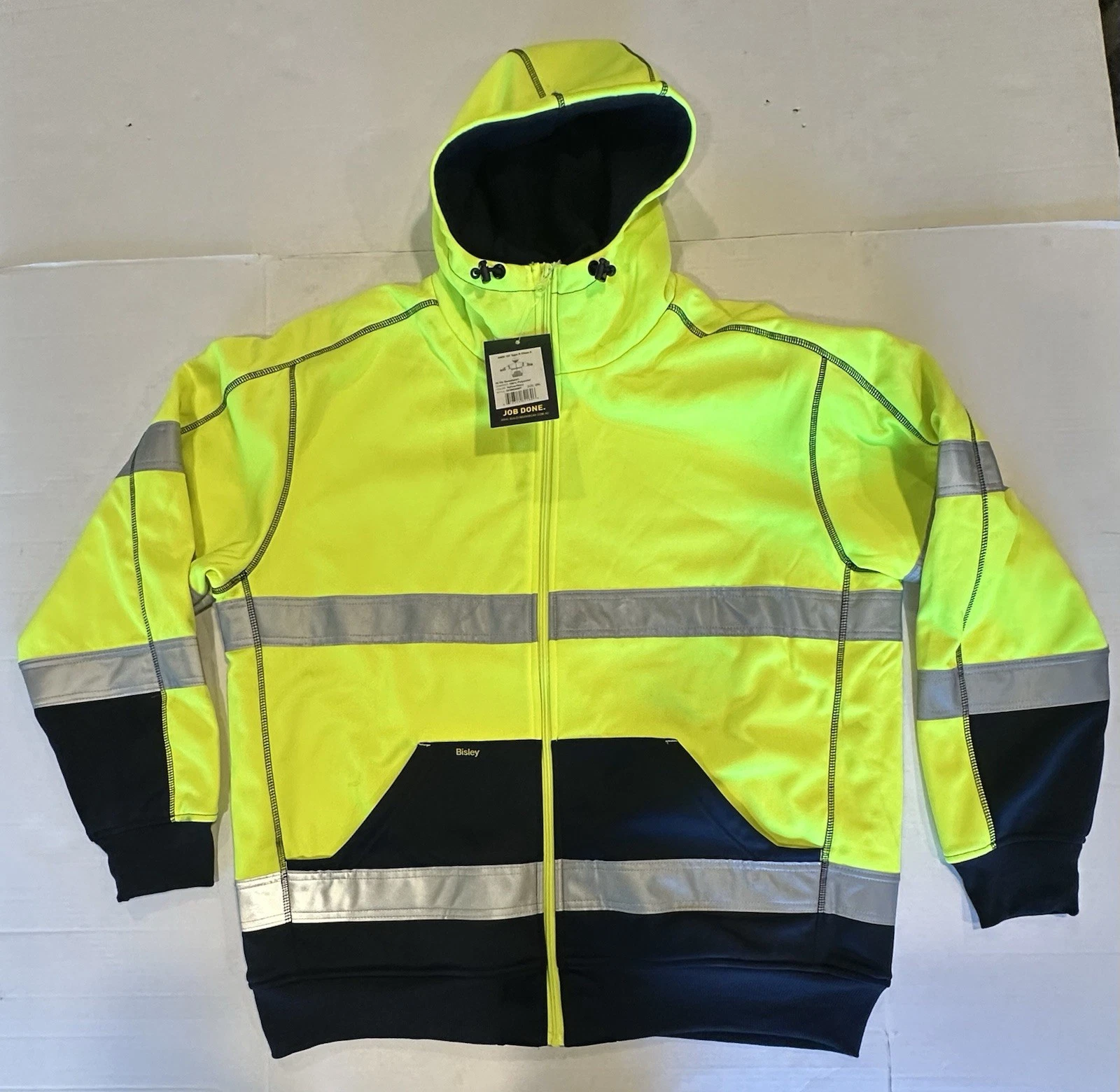 Bisley Workwear Jacket Hooded Zipper ANSI 107 R Class 3 Yellow Navy Reflect 2XL - product detail image 1
