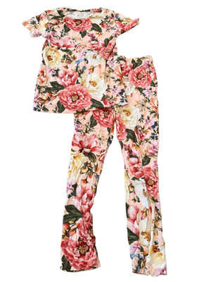Posh Peanut short sleeve pajamas pants set Sz 8 flowers girls pink roses bamboo