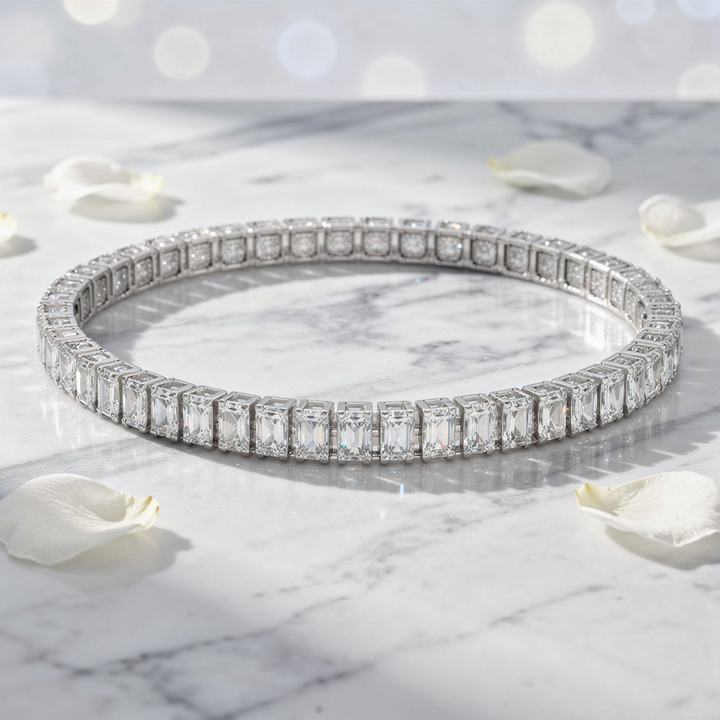 Silver-Tone CZ Tennis Bracelet Women Emerald Cut Crystal Stretch Elegant Gift View 5