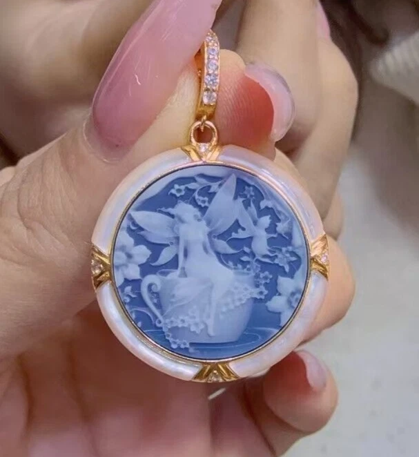 925 sterling silver blue Agate Cameo vintage jewelry Pendant estate jewelry - Image 1 of 1