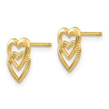 14K SOLID Yellow Gold - Polished Vertical Double Heart Post Earrings