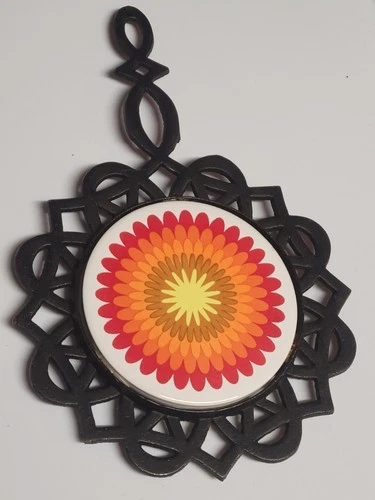 vintage 1970s psychedelic floral cast iron trivet and hot pad image 4