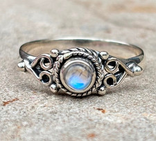 Rainbow Moonstone Ring 925 Sterling Silver Band Boho Women Jewelry