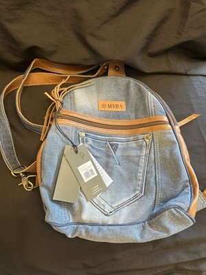 Myra Women's Blue Denim Crossbody Bag Zip Closure Outer Pockets Brown Strap