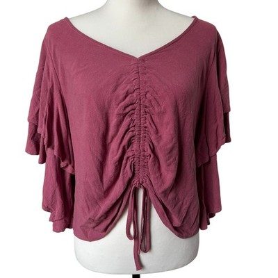 BEFORE YOU COLLECTION Women s Large Rose Pink Linen Ruffle Crop Top Shirt Fairy