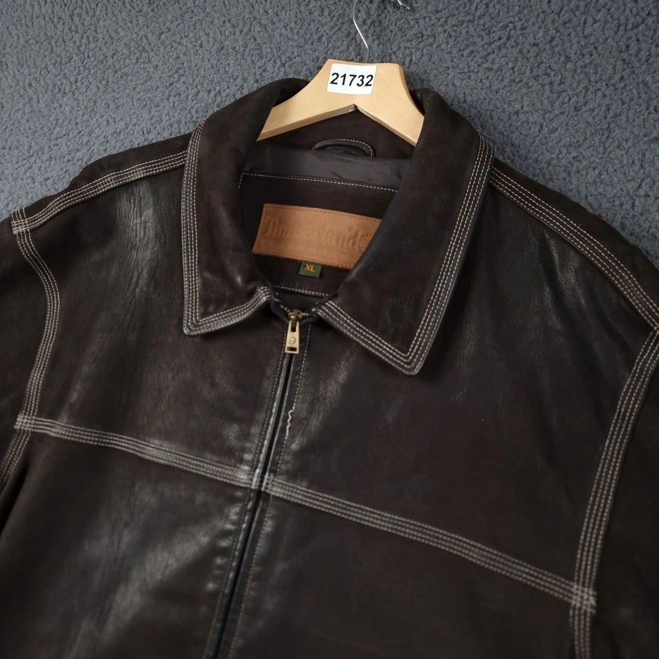 Vintage TIMBERLAND Leather Jacket Mens XL Brown Bomber Collared Full Zip - Image 2 of 4