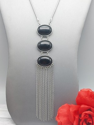 Signed NY Necklace SilverTone Black Beads Chain Fringe Snake Chain 32'' Pendan 8''