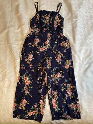 Old Navy Womens Navy Floral Wide-Leg Jumpsuit Smocked Square Neck Size S