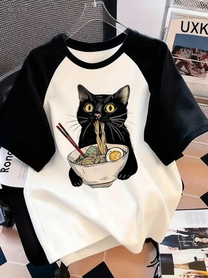 Streetwear Noodle Ramen Cat Letter Print Crew Neck T-Shirt Casual Short Sleeve T