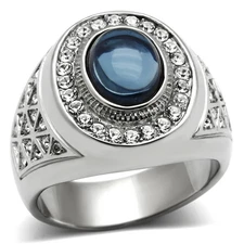 Men's Ring, Blue Glass, Stainless Steel, Halo, Statement, Sparkling, Bold Design
