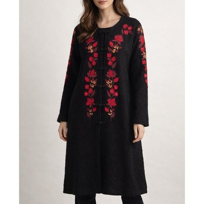 Coldwater Creek Embroidered Floral 100% Wool Long Cardigan Sweater Topper, XXL