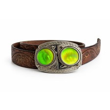 Vintage Tooled Leather Belt Brown Metal Eyes Silvertone Buckle Western Statement