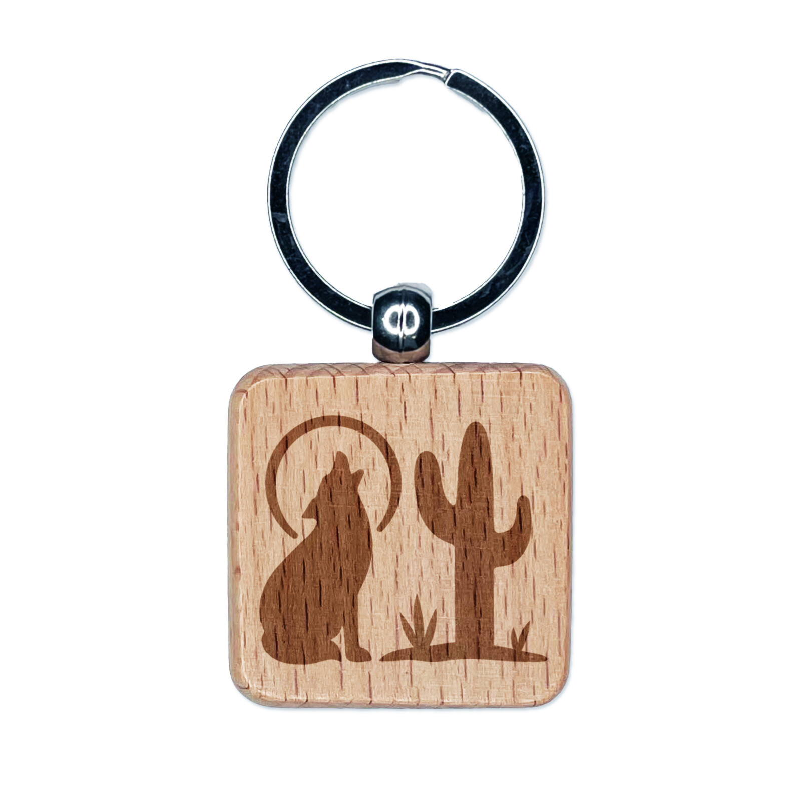 Southwest Style Coyote Cactus Moon Engraved Wooden Keychain Charm
