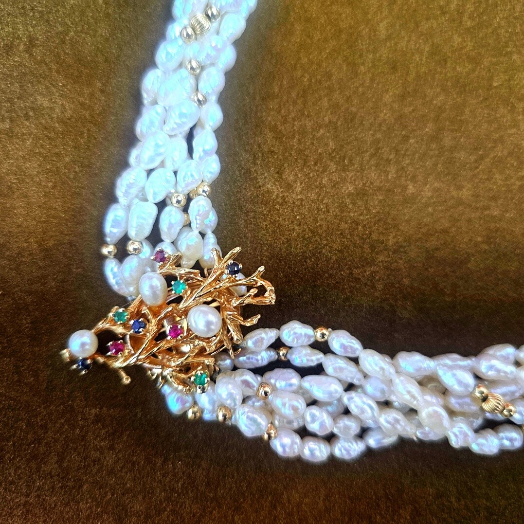 vtg Multi Strand Pearl Emerald Ruby Sapphire 14k … - image 6