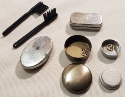 Collectible Vintage Watch Accessories 4 Mini Materials Tins, Parts & 2 Brushes 