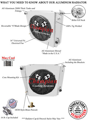 Atom Champion 4 Row Radiator,16'' Fan,Shroud for 1966-1977 Ford Bronco V8 Engine