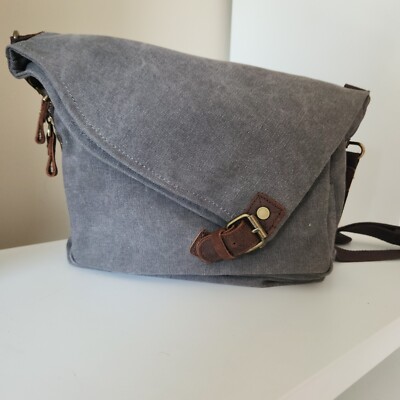 Amhoo Canvas Crossbody Bag Gray Heavyweight Canvas Pockets Boho Chic Hippie Vibe