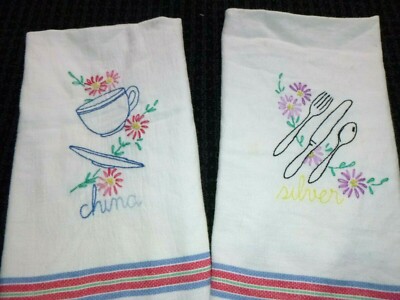 Pr Vtg Embroidered Cotton Kitchen Tea Towels China Silver Dishes  22x29''