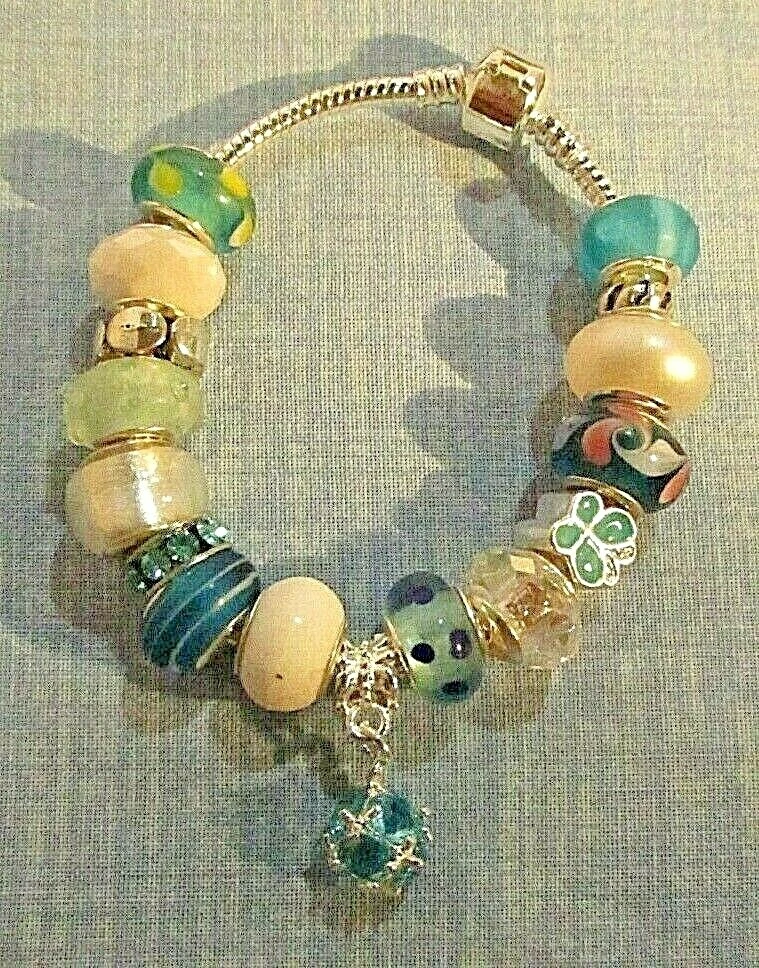 Turquoise Murano Glass Bead Crystal Silver 7