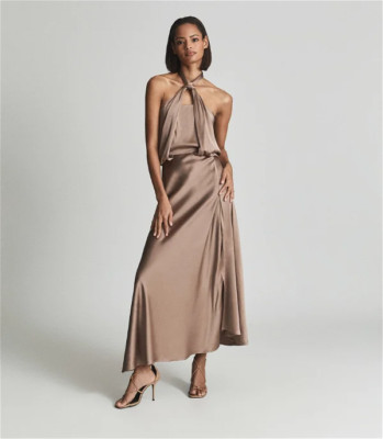 REISS Lorena Halterneck Satin Midi Dress UK Size 12 RRP £288