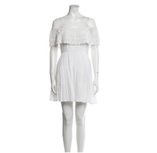 LoveShackFancy Mini Dress Womens 2 White Off the Shoulder Lace Shirred Cotton