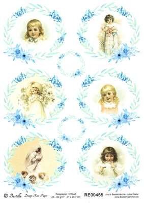 Reispapier Strohseide Decoupage Kinder Engel blaue Blumenkränze RE0455