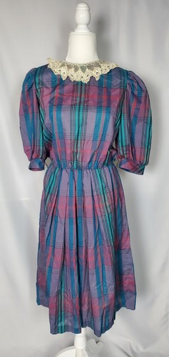 Vintage Womens Dress Small Tartan Plaid Puff Sleeve Lace Collar Academia School