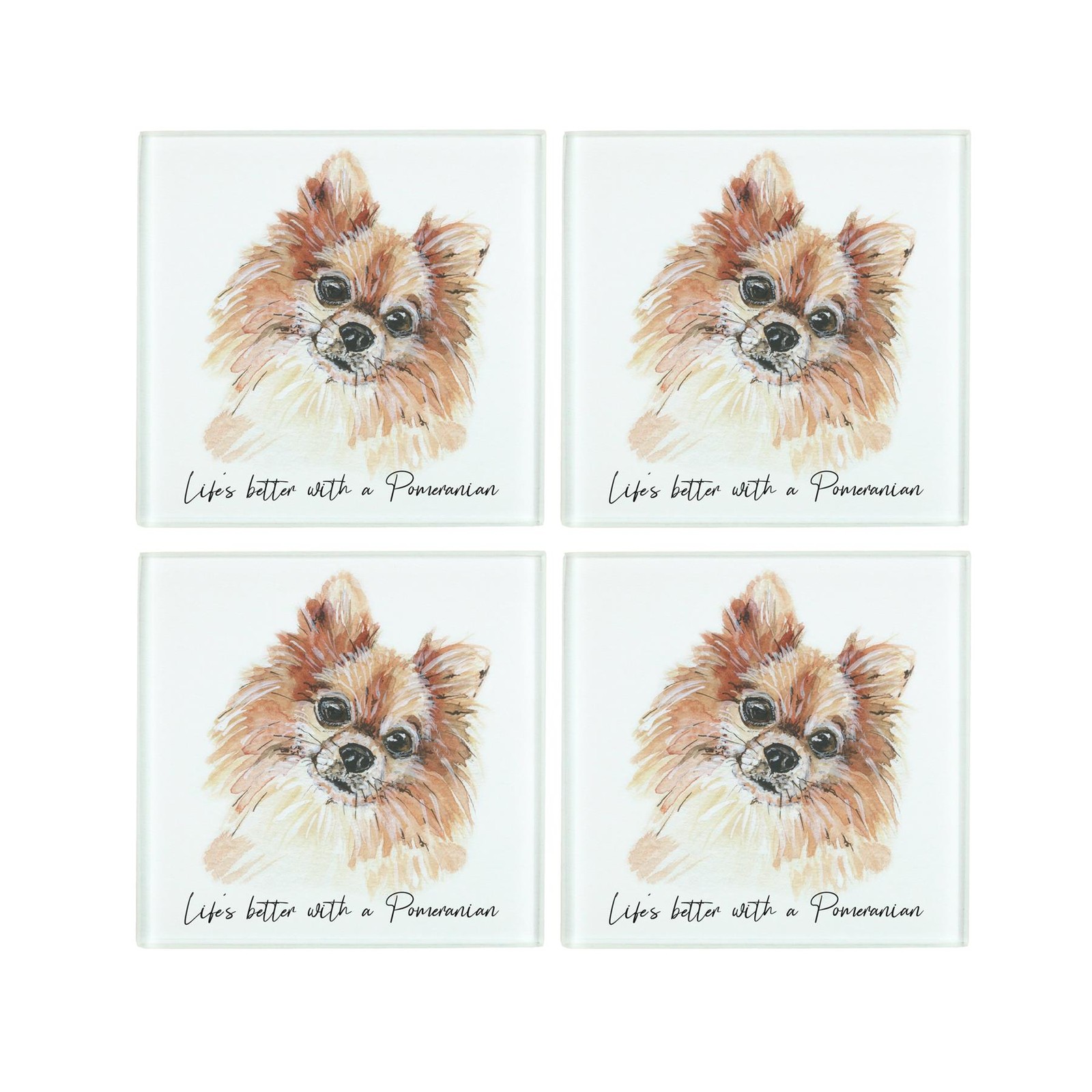 Pomeranian Coaster Set - Life's Better With a Dog Glass Square Coasters Gift