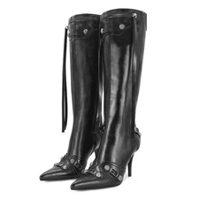 Dsevht Stiletto Black Knee High Boots for Women Sexy Pointed Toe Rivets Tasse...