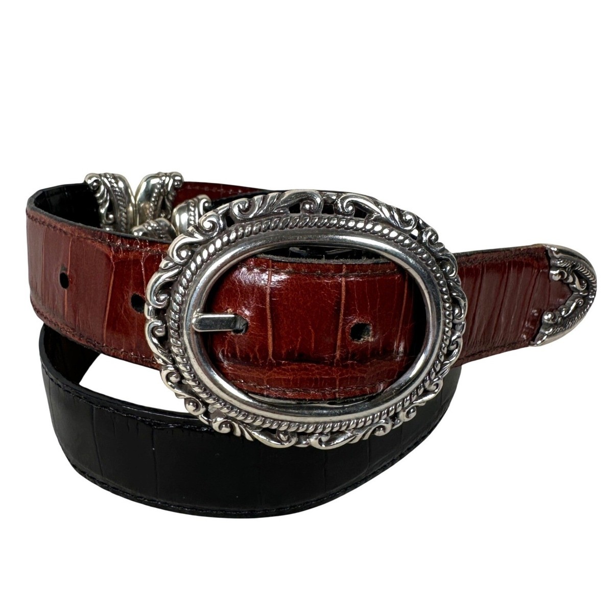 Vintage Brighton Black Leather Croc Embossed Silver Buckle Western Belt~XL~ Vintage Brighton Black Croc Embossed Leather Belt, Silver  main image 2