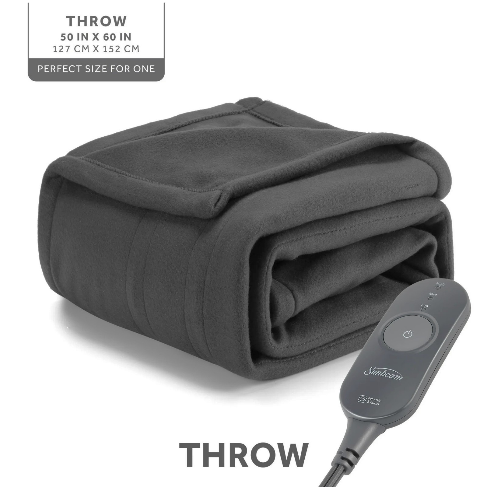 Sunbeam Heated Blanket Electric Throw, Grey Gray Slate