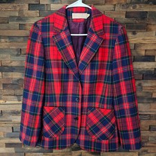 Pendleton Vtg Red Buffalo Plaid Blazer Size 8 60's-70's Virgin Wool Made in USA