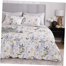 - Floral Comforter Set, Cottagecore Aesthetic Botanical Queen Yellow Gray