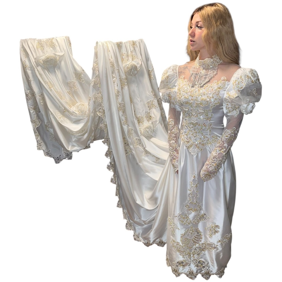 dress designer alfred angelo Alfred Angelo Pearl Beaded Satin w/Lace White Lng Sleeve Wedding Dress 12'  Train