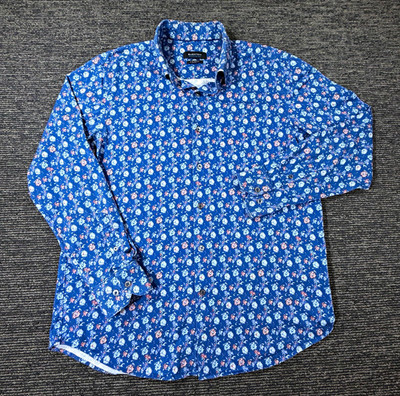 Bugatchi OoohCotton Tech Men's L Blue Floral Stretch Woven LS Button-Up