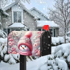 Pink Christmas Snowman Magnetic Mailbox Cover Yard Home Decor for 18" x 21"