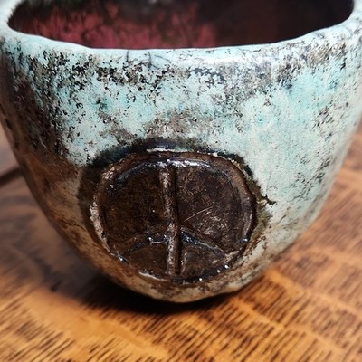 Handmade Studio Crafted Art Pottery Peace Sign Ceramic Bowl Blue Black Purple