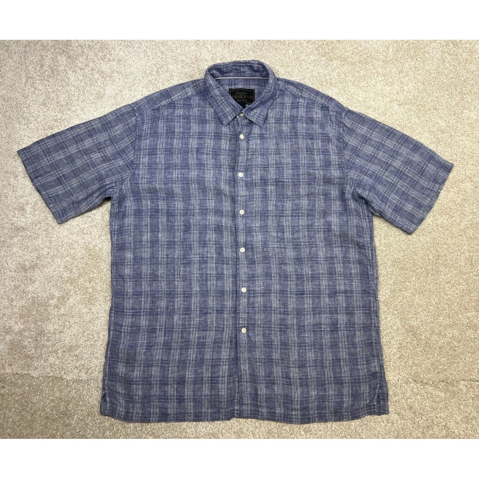 JOS.A.BANK RESERVE Mens Blue Plaid Short Sleeve 100% Linen Button Up Shirt L
