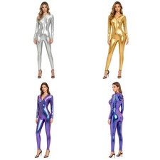 Women Hooded Jumpsuit Cosplay Catsuit Skinny Metallic Leotards Shiny Wet Look