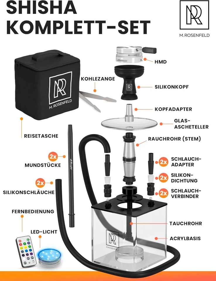 Shisha Set To Go Komplett 2 Schläuche  Acryl LED klein Reise Wasserpfeife leicht - Bild 2 von 4