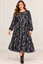 Womens Black & Gray Tie Dye Long Sleeve Henley Midi Tiered Dress Plus Size 2X