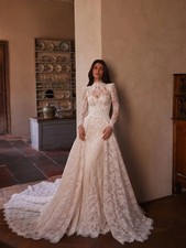 Detachable Train Beaded Lace Wedding Dress High Collar Long Sleeve Bridal Gown