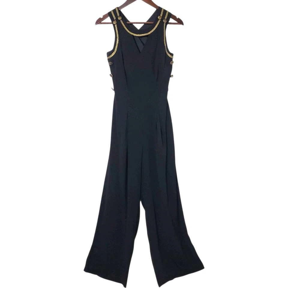 Винтажный черный комбинезон Palazzo размер 4 золотистая отделка открытая спина 70-е 80-е широкие ноги женщин - Изображение 2 из 4