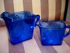 Vintage HAZEL ATLAS Cobalt Blue Chevron SET 2 Depression Cream Pitchers-1940's
