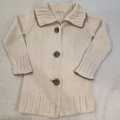 RICO Knit Cardigan Sweater Womens Sz S Ivory White Collared Horn Spear Buttons