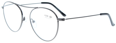 Graue Metall-Fertiglesebrille DYLAN in Pilotenform mit außergewöhnlichem Steg