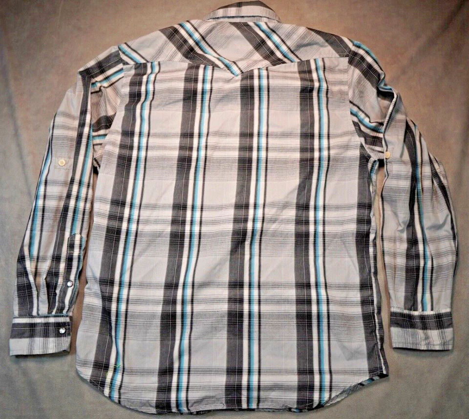 Ditch Plains Mens XL Western Cowboy Plaid Pearl Snap Roll Tab Sleeve Shirt - Image 2 of 4