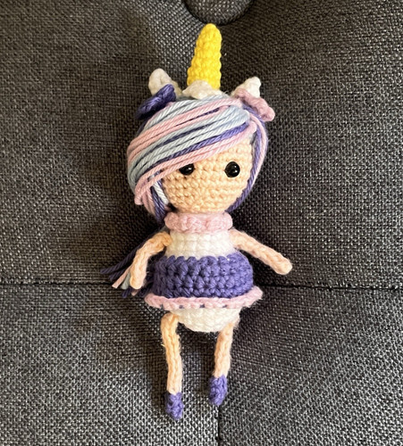 Handmade Tiny Pixie Unicorn Doll 3.5"x2" Amigurumi Plushy Whimsical Charm Gift