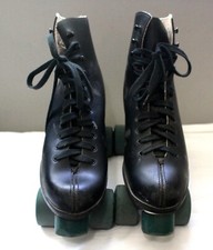 VINTAGE ROLLER DERBY INDOOR MEN'S BLACK LEATHER ROLLER SKATES GREEN WHEELS 8.5